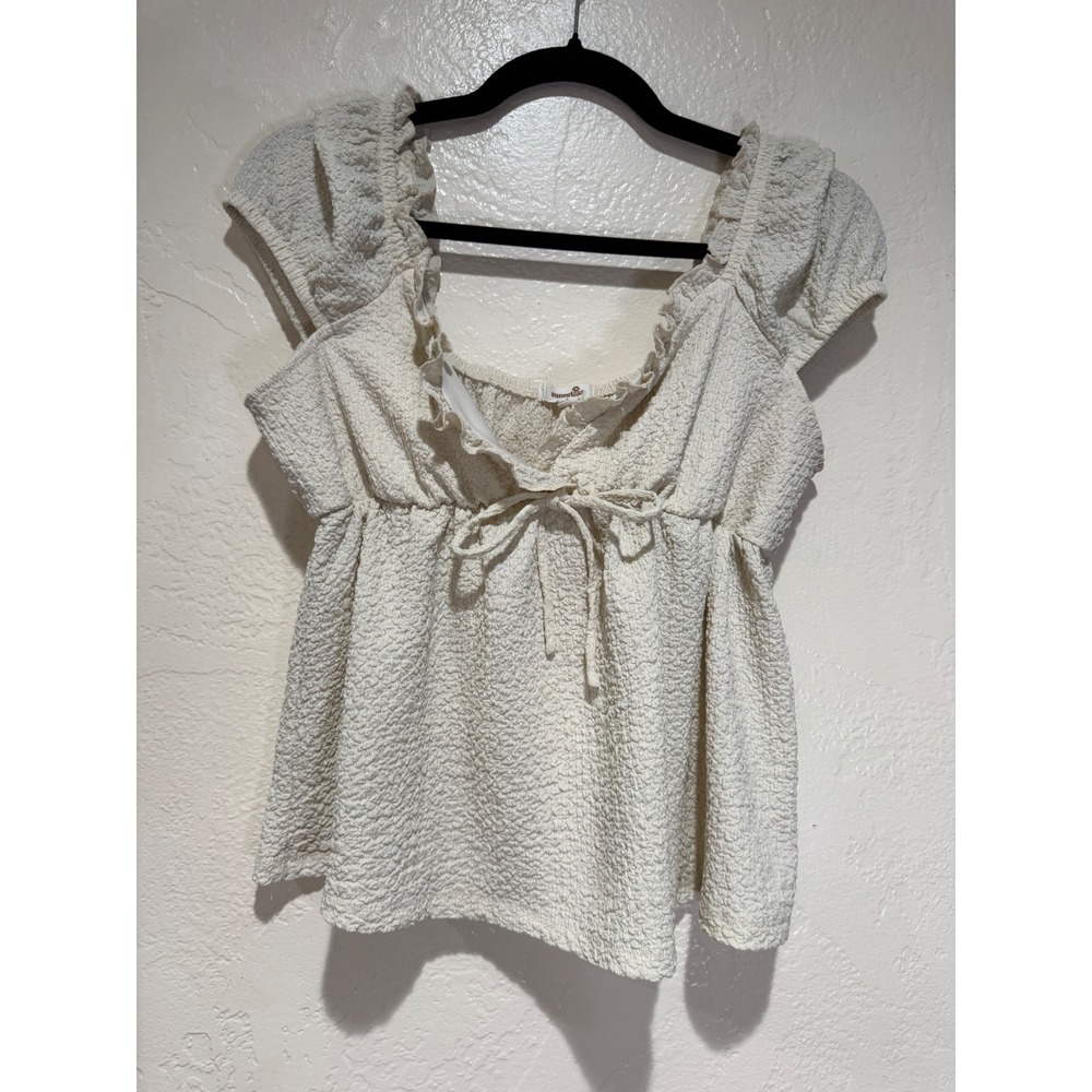 Sugarkiss Cream Textured Seersucker Babydoll Top Ruffle Cap Sleeve Womens Large